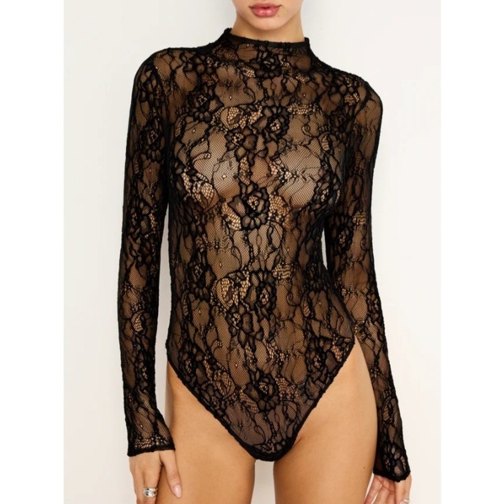 GOOD AMERICAN Lace Mock Neck Bodysuit Black Women Size Small Long Sleeves Sheer